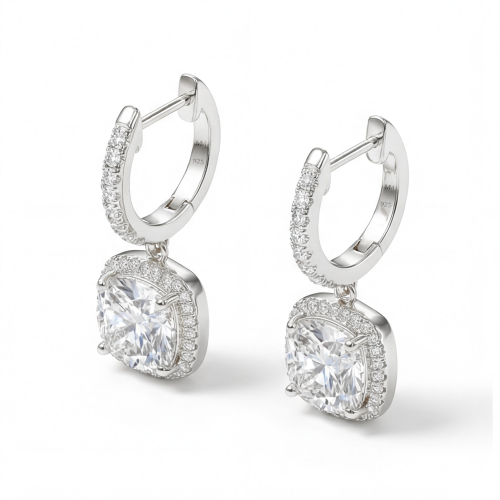 Cushion Drops - Halo & Huggie Moissanite Drop Earrings