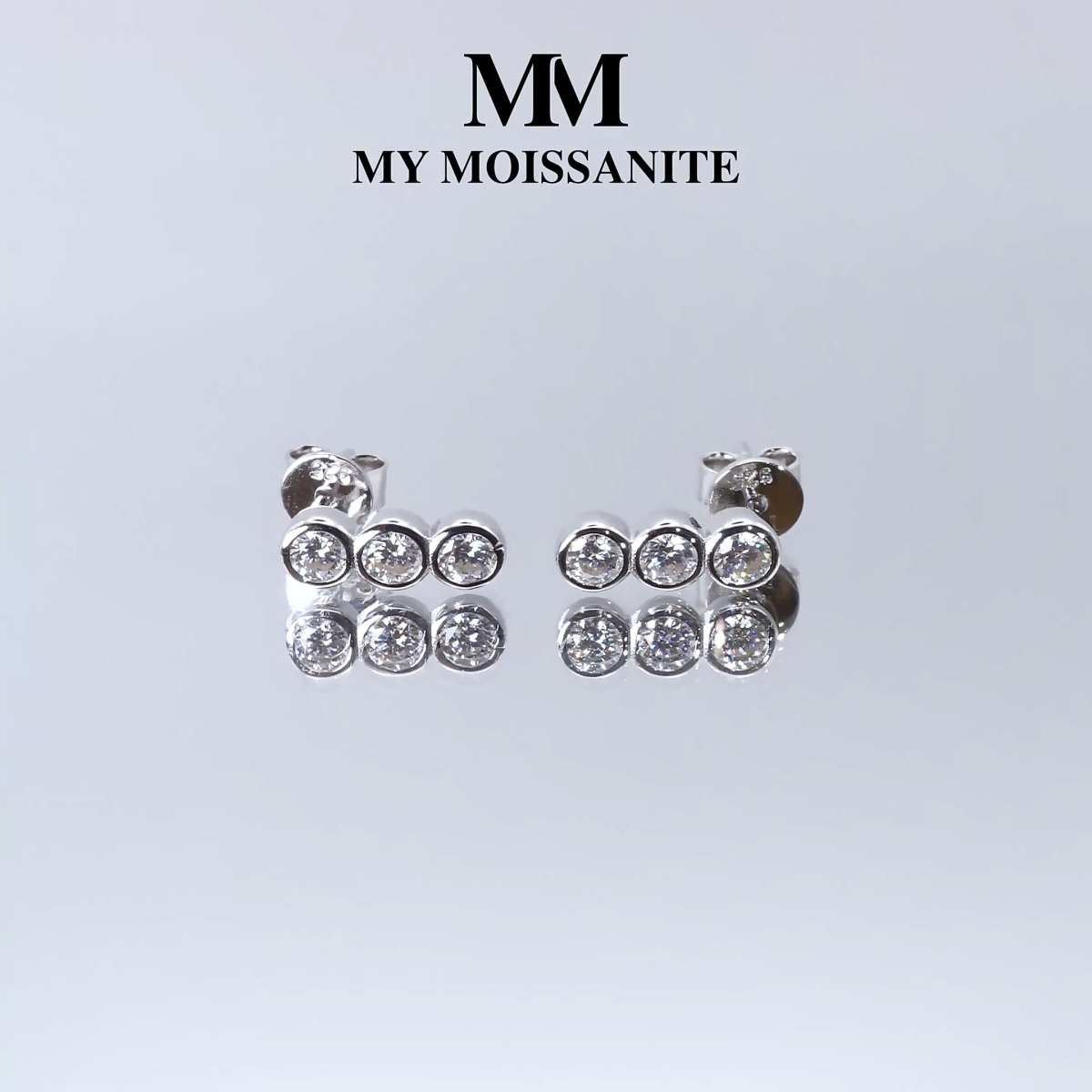 Tri-Bezel - Moissanite Stud Earrings in Bezel Setting