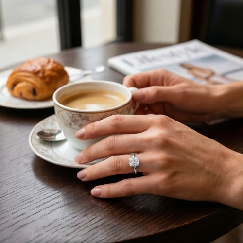 Mirabelle - Radiant Cut Moissanite Solitaire Ring with Basket Setting and Hidden Halo - lifestyle