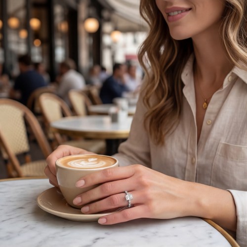 Luminaire - Radiant Cut Moissanite Ring With Marquise Side Stones and Hidden Halo - lifestyle