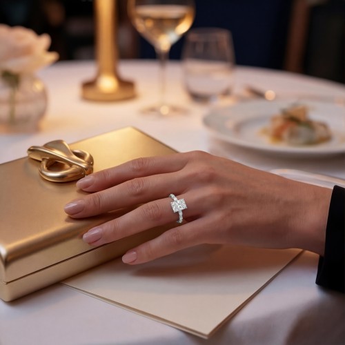 Luminaire - Radiant Cut Moissanite Ring With Marquise Side Stones and Hidden Halo