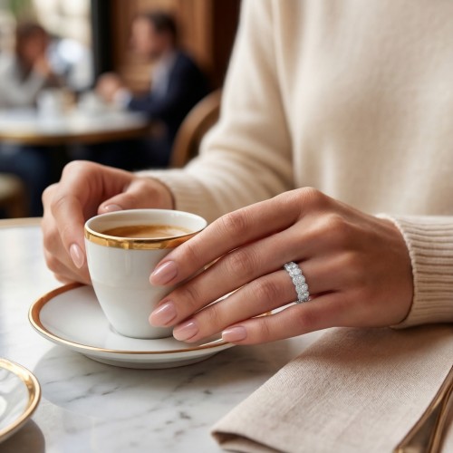Opaline - Oval Cut Moissanite Eternity Ring With Scalloped Pavé Halo