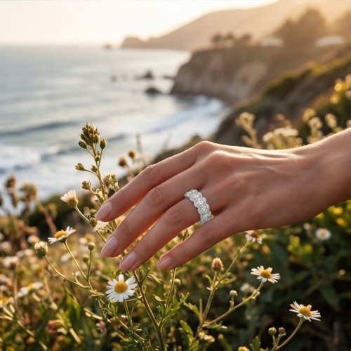 Opaline - Oval Cut Moissanite Eternity Ring With Scalloped Pavé Halo