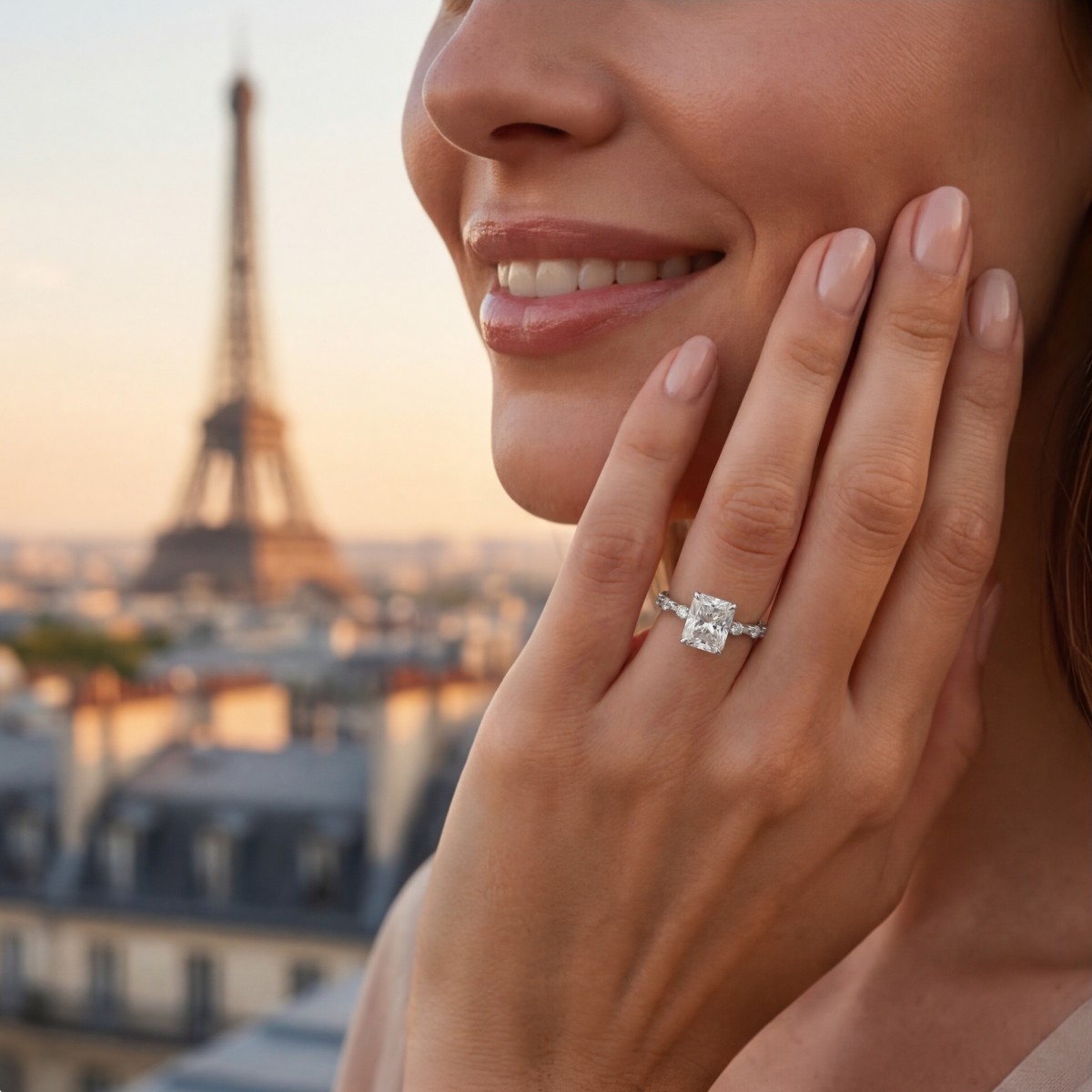 Isla - Radiant Cut Moissanite Ring with Side Stones