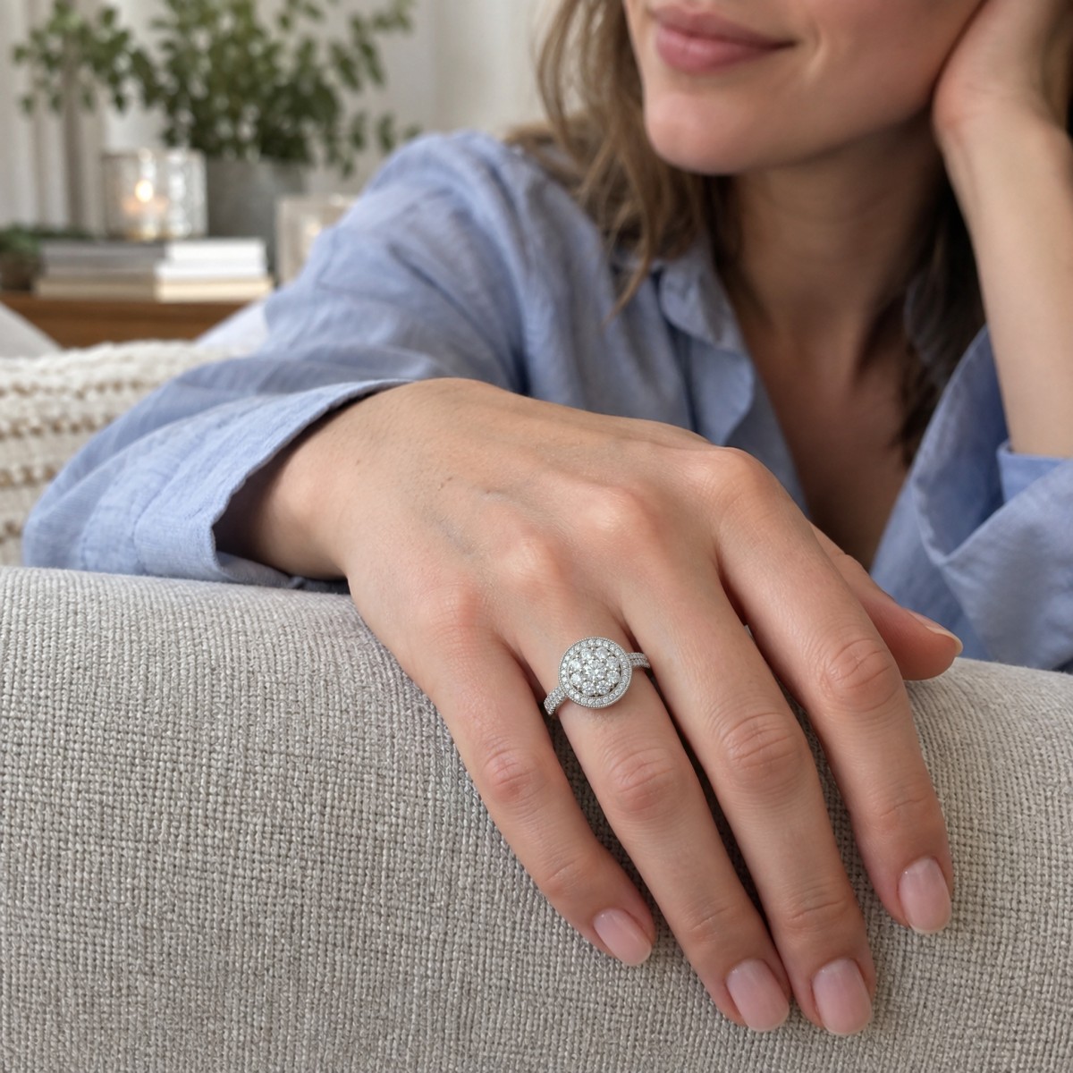 Corollina - Round Cluster Moissanite Ring with Halo and Pavé Shoulders