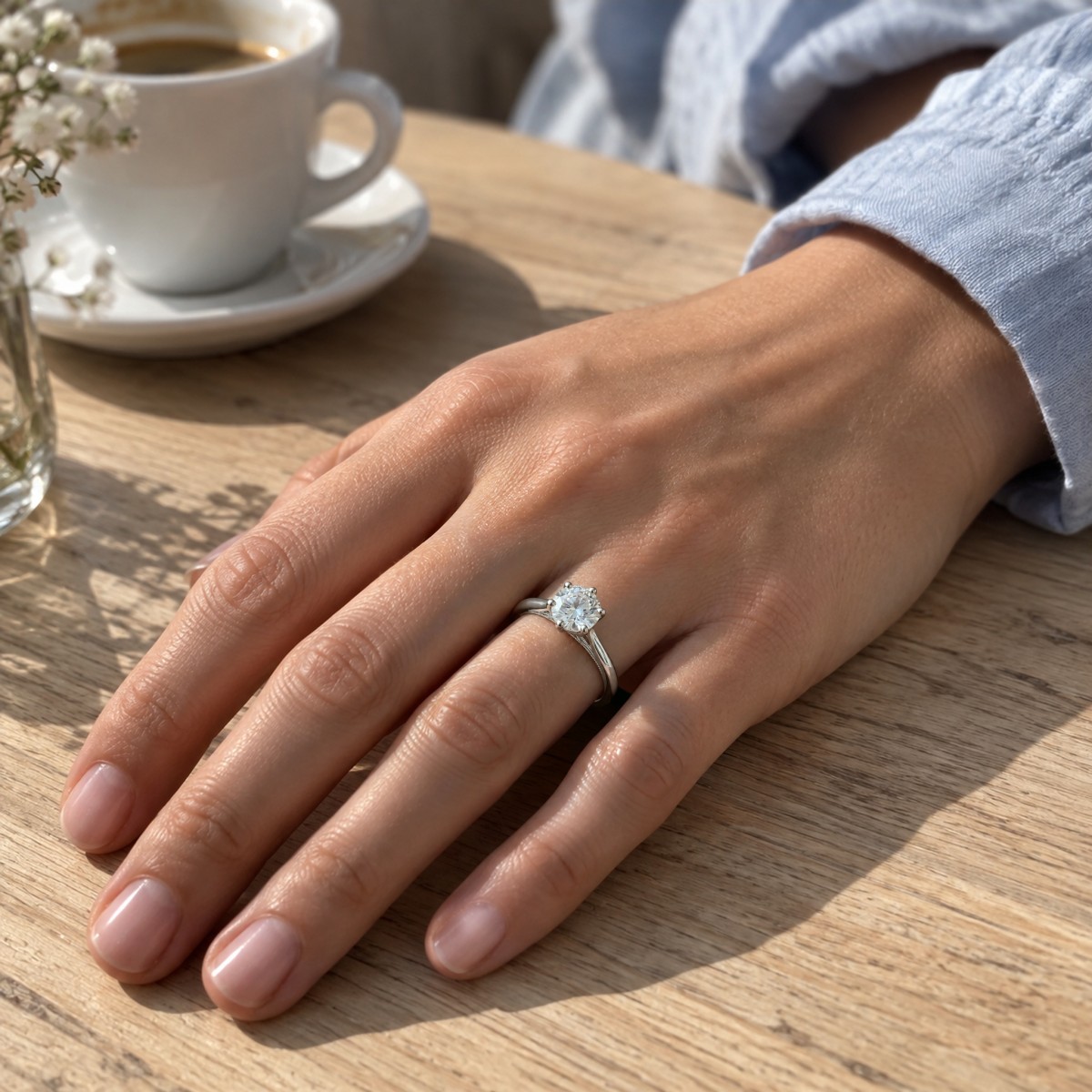 Lotella - Round Moissanite Engagement Ring with Carved Lotus Basket