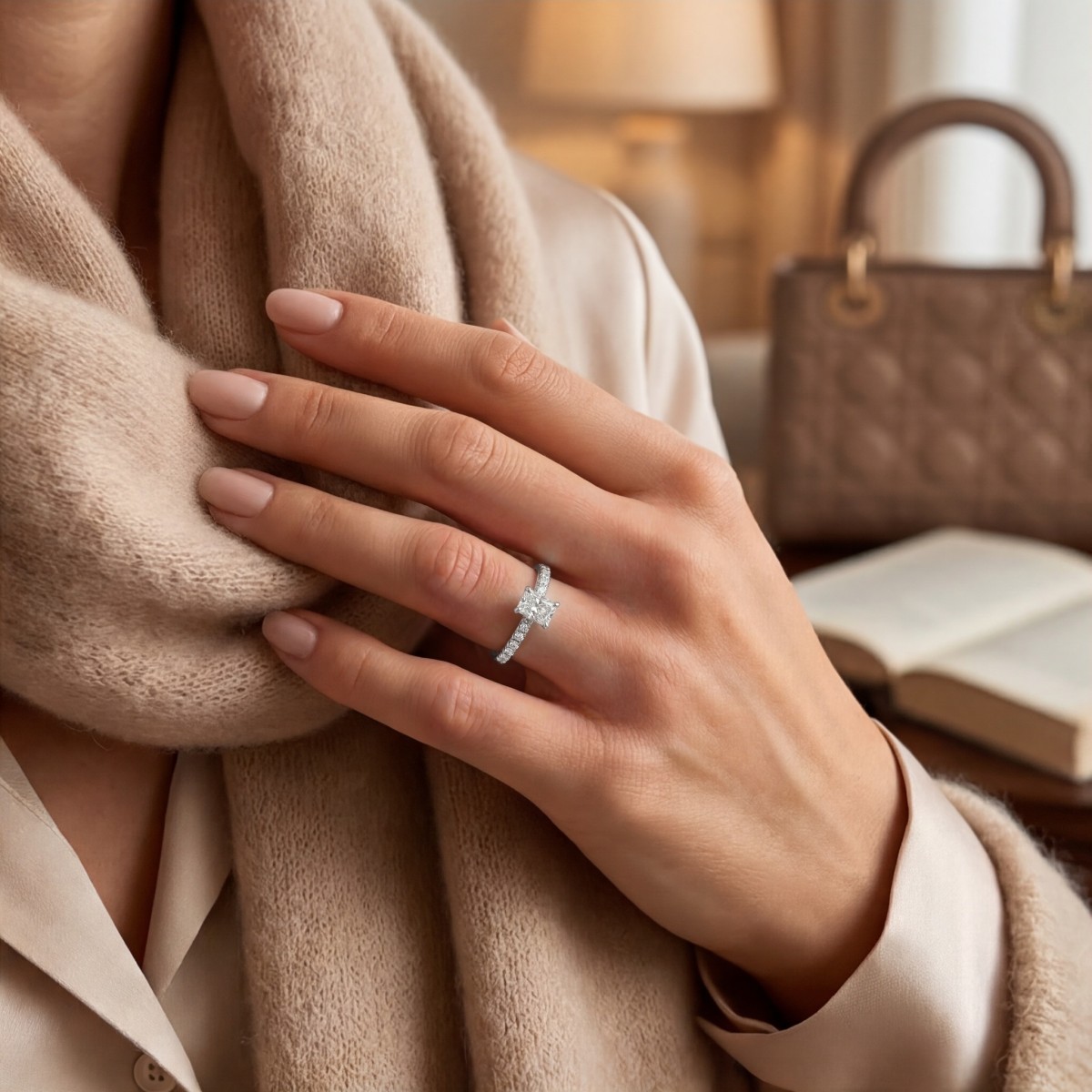 Astra - Moissanite Ring with Pavé Side Stones & Hidden Halo