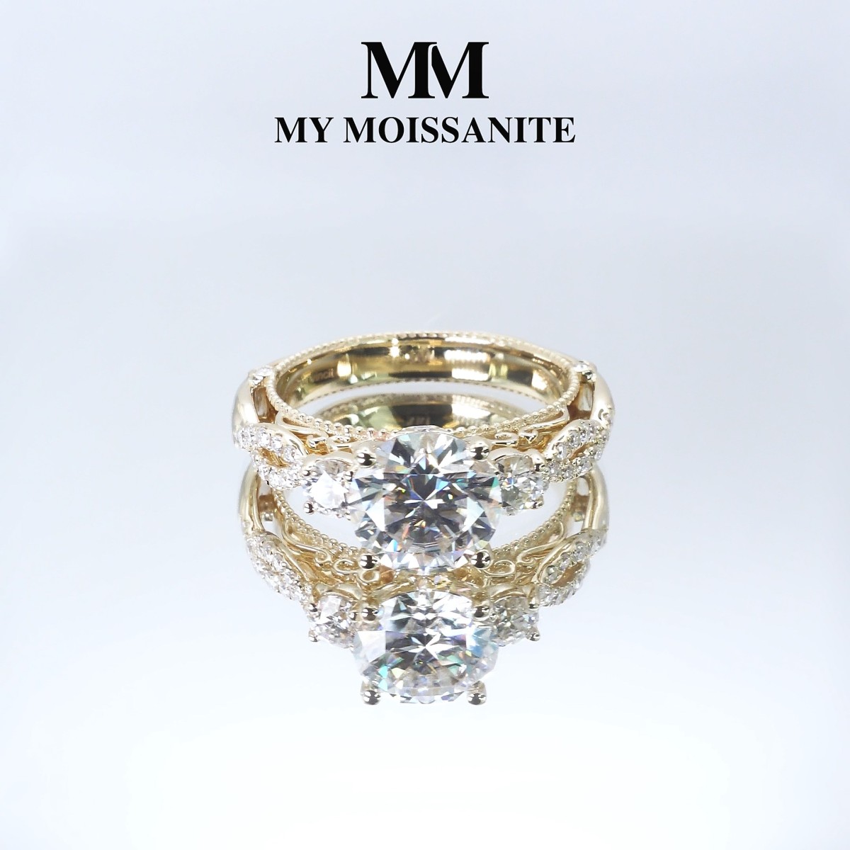Circe - Vintage Inspired Moissanite Engagement Ring with Side Stones and Filigree Detailing