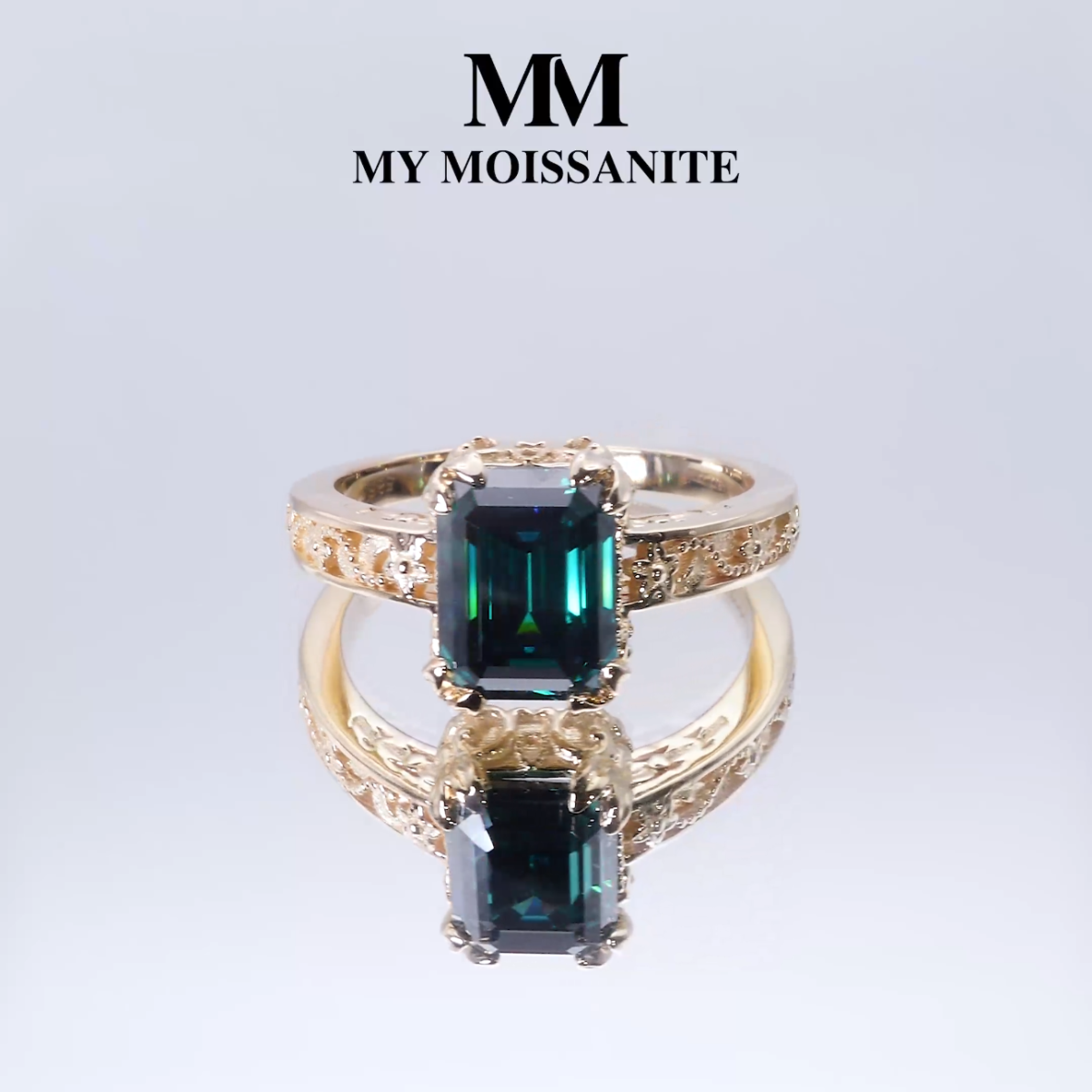 Verdisia - Vintage Floral Emerald Cut Green Moissanite Engagement Ring