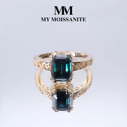 Verdisia - Vintage Floral Emerald Cut Green Moissanite Engagement Ring