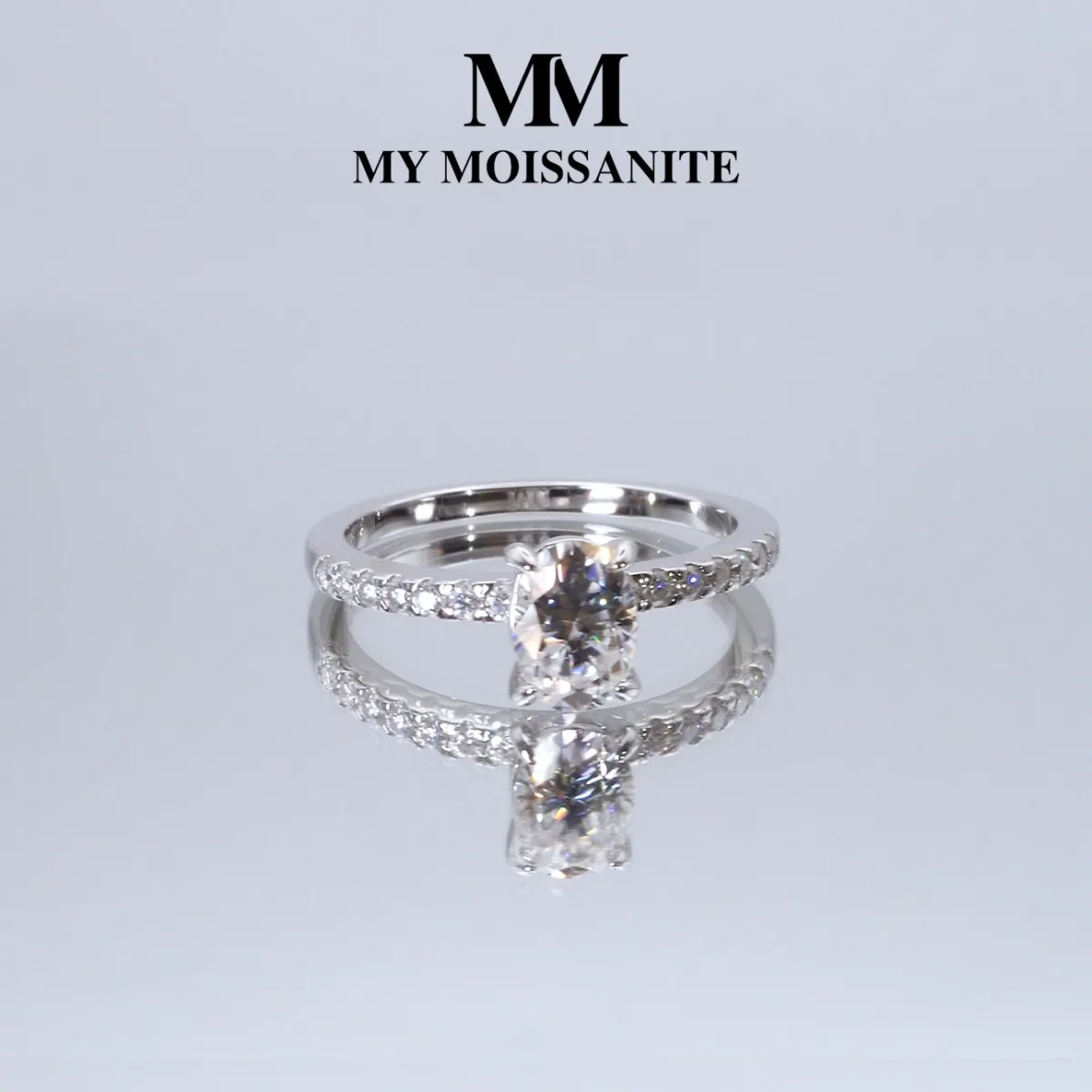 Nina - Oval Moissanite Ring with Pavé Side Stones