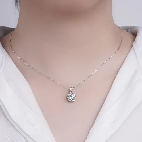 Octavia - Vintage Inspired Moissanite Pendant with Halo Embellishment - lifestyle