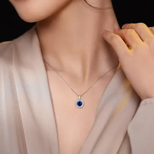 Purelle - Royal Blue Moissanite Halo Pendant with Link Chain - lifestyle