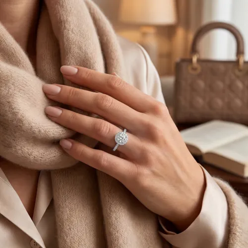 Dynara - Moissanite Engagement Ring with Halo and Pavé Band - lifestyle