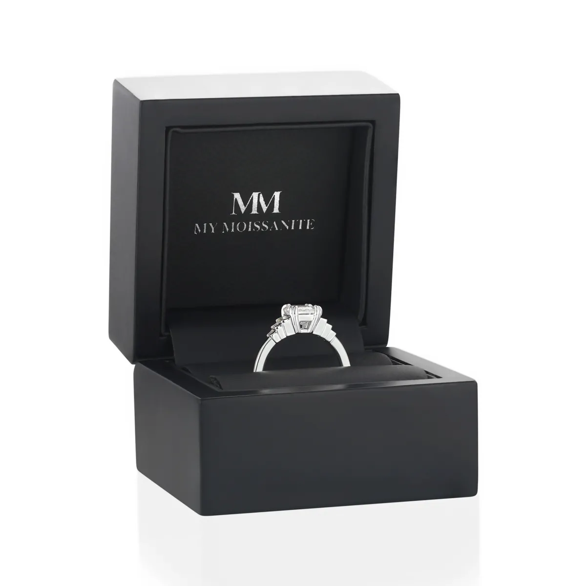 Rectanglo - Emerald Cut Moissanite Ring with Baguette Accents