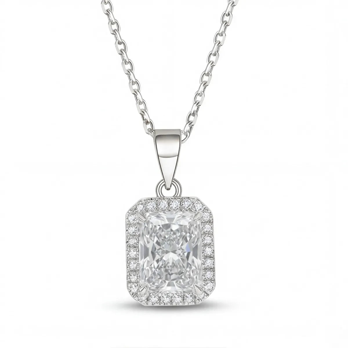 Gemina – Radiant Cut Moissanite Pendant in a Paved Halo Setting
