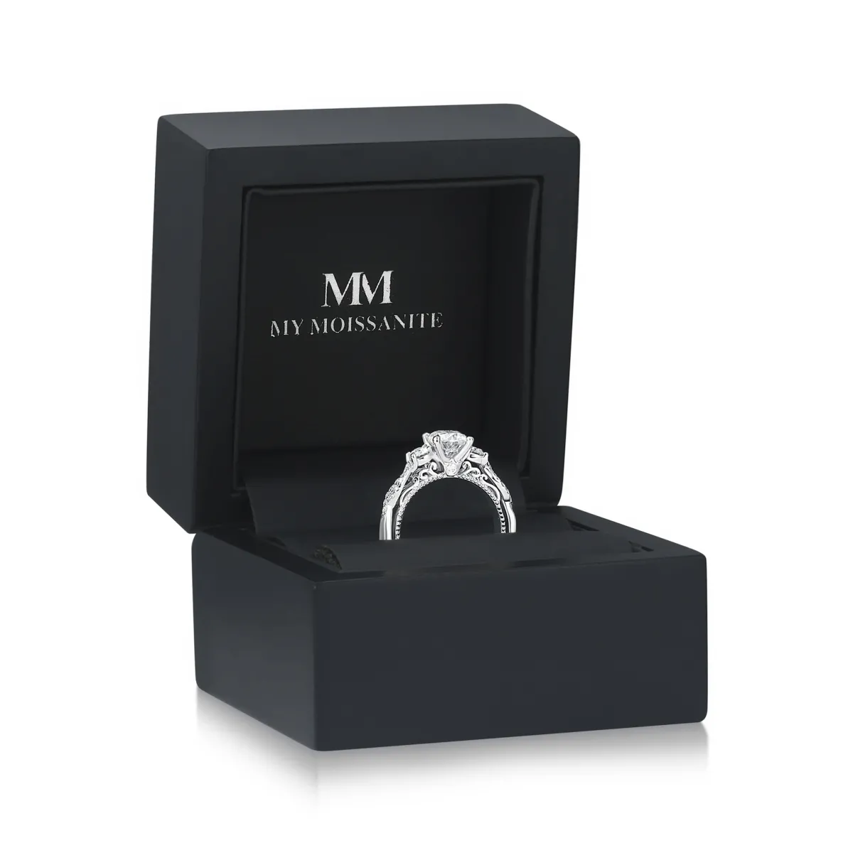 Circe - Vintage Inspired Moissanite Engagement Ring with Side Stones and Filigree Detailing