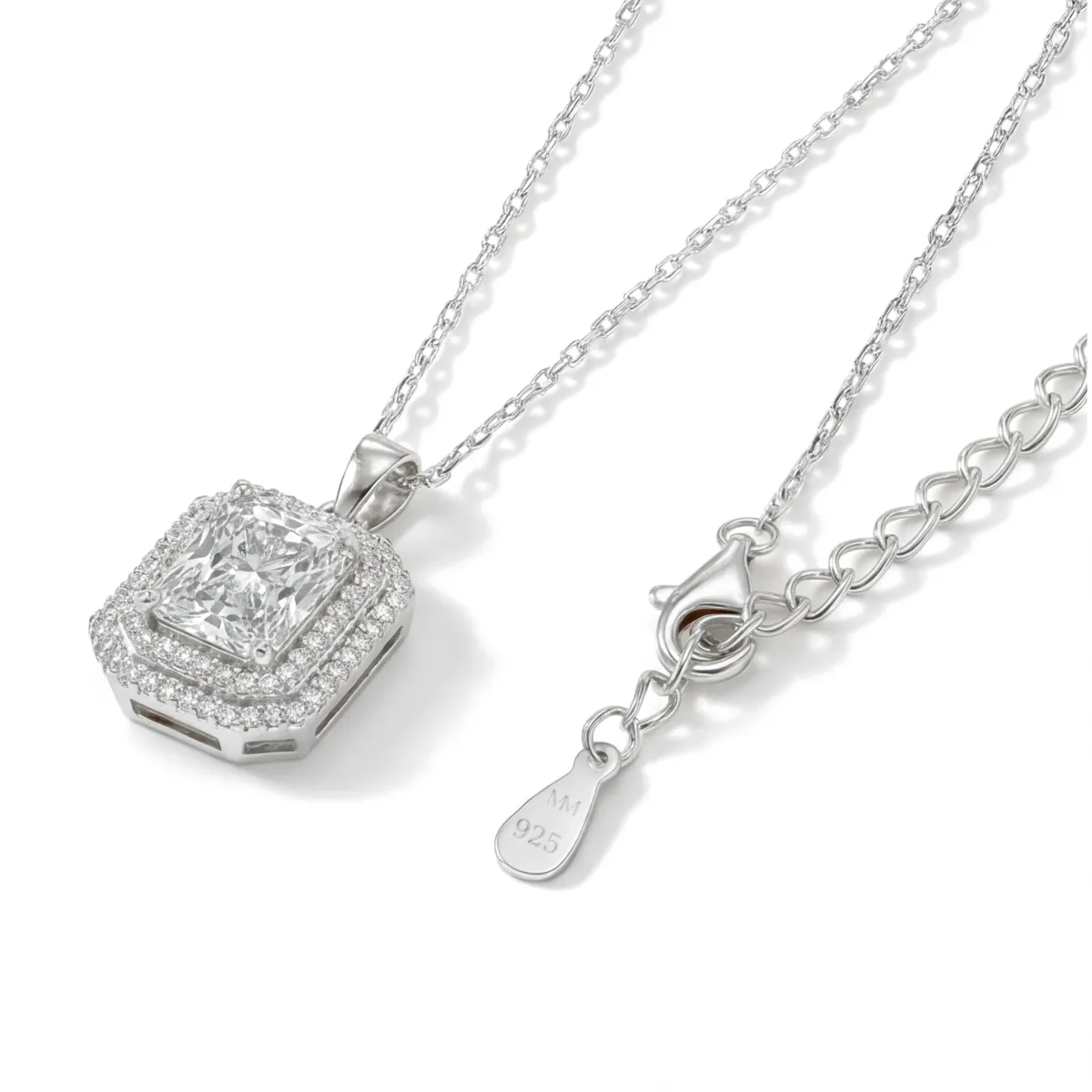 Cristallo - Radiant Cut Moissanite Double Halo Pendant Necklace