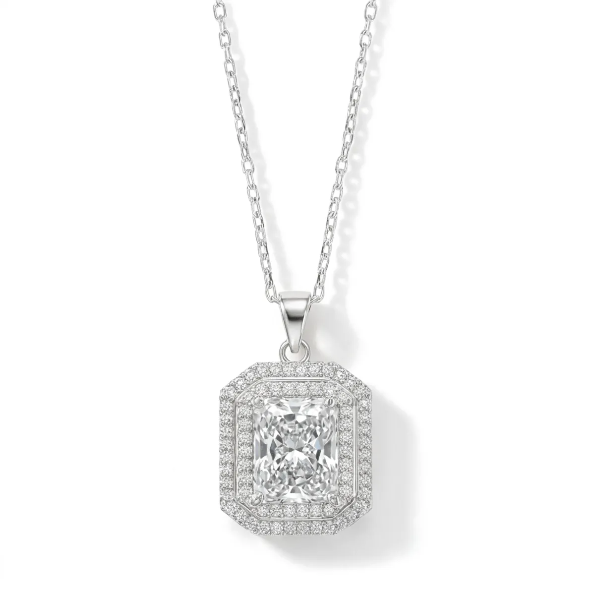 Cristallo - Radiant Cut Moissanite Double Halo Pendant Necklace