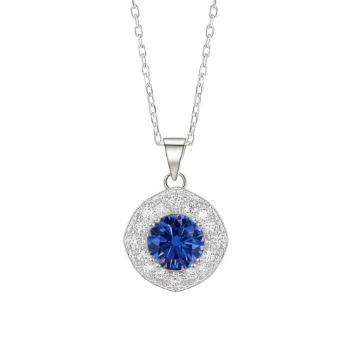 Purelle - Royal Blue Moissanite Halo Pendant with Link Chain