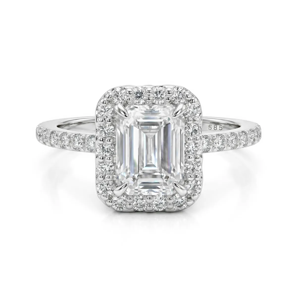 Esmeralda – Emerald Cut Moissanite Ring in Halo Setting