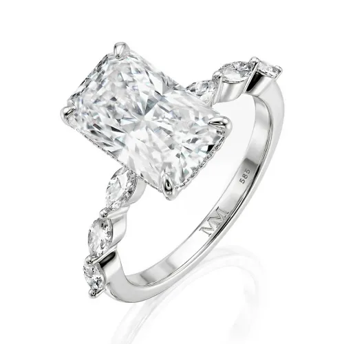 Luminaire - Radiant Cut Moissanite Ring With Marquise Side Stones and Hidden Halo