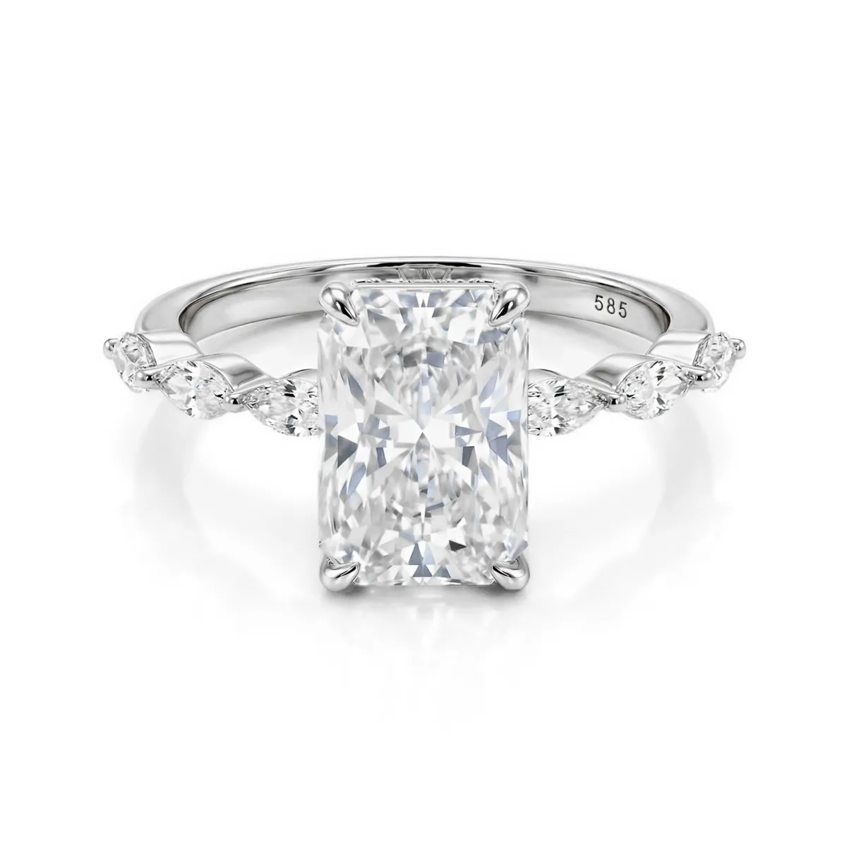 Luminaire - Radiant Cut Moissanite Ring With Marquise Side Stones and Hidden Halo
