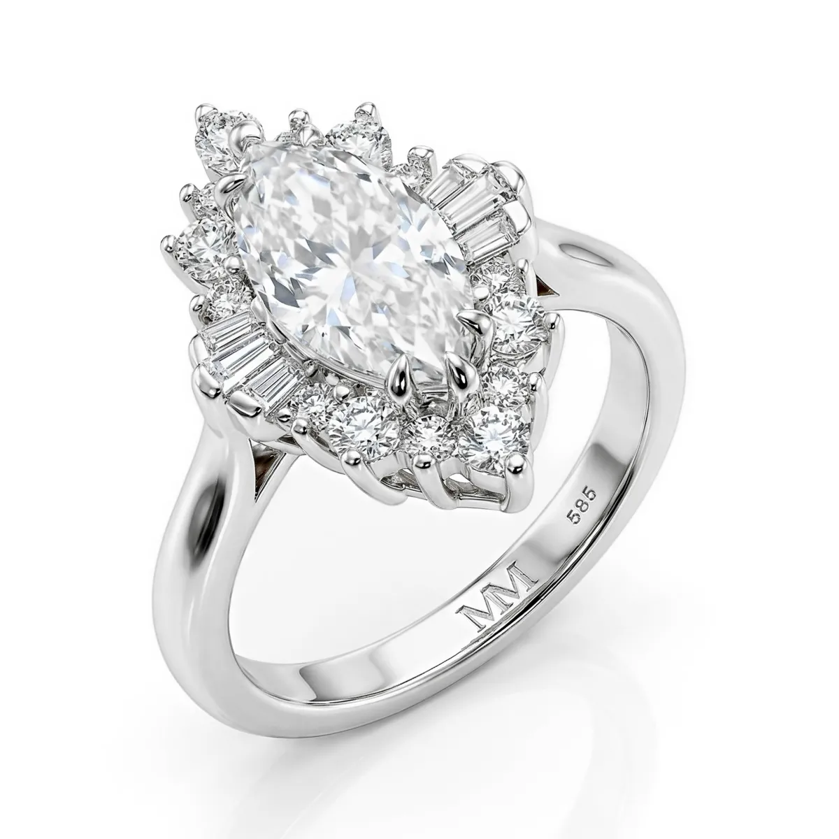 Crownique - Marquise Cut Moissanite Engagement Ring with Halo and Baguette Accents