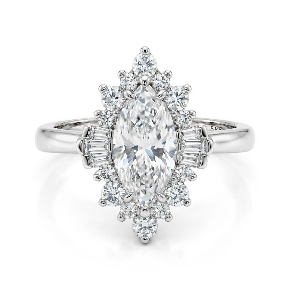 Crownique - Marquise Cut Moissanite Engagement Ring with Halo and Baguette Accents