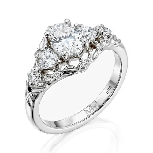 Gardenia - Oval Moissanite Engagement Ring with Heart and Round Accents