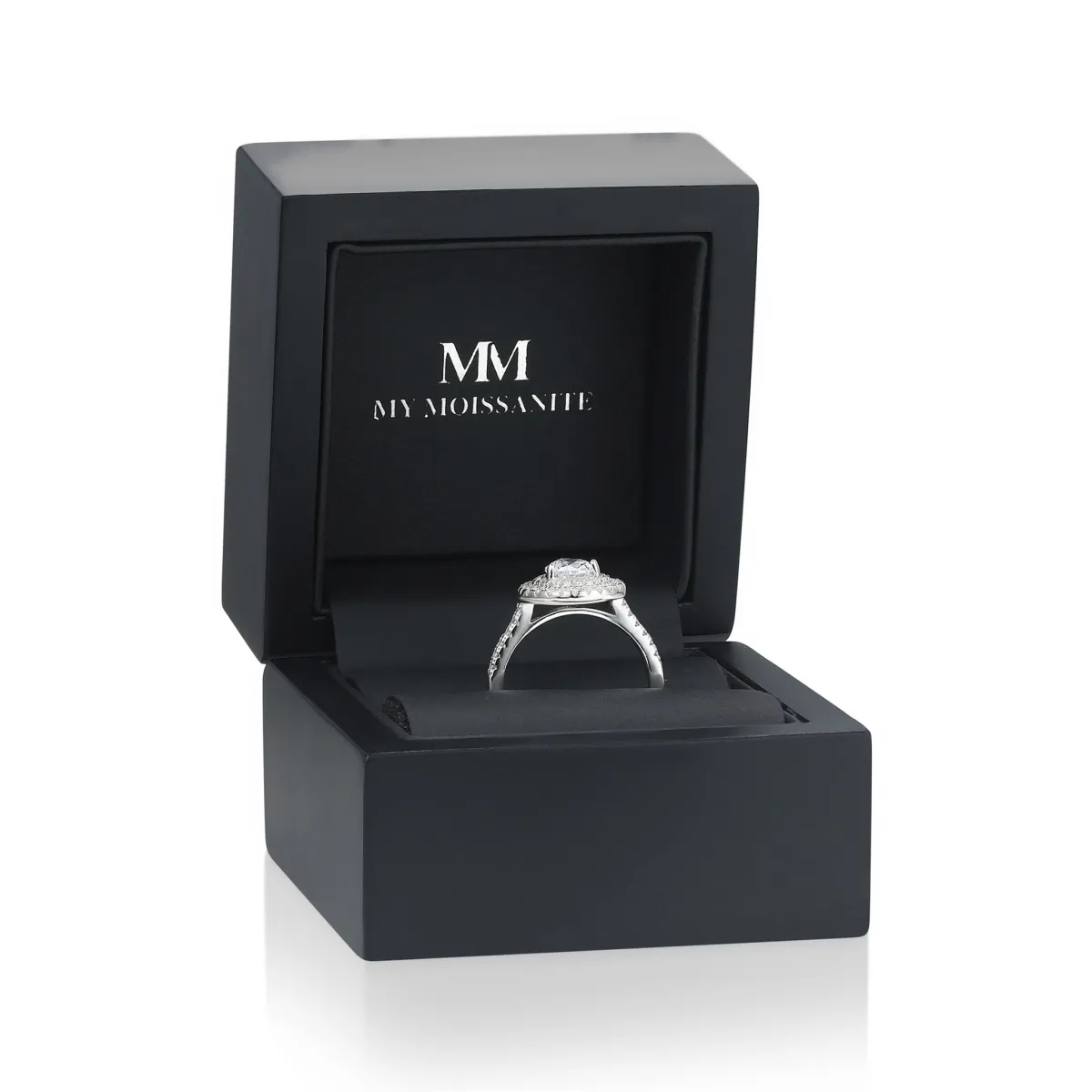 Athena - Pear Cut Moissanite Engagement Ring with Double Halo and Pavé Shank