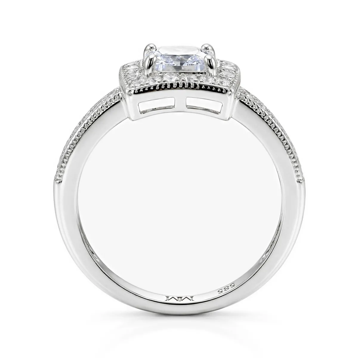 Sanctum - Cushion Cut Moissanite Engagement Ring with Vintage Halo and Pavé Band