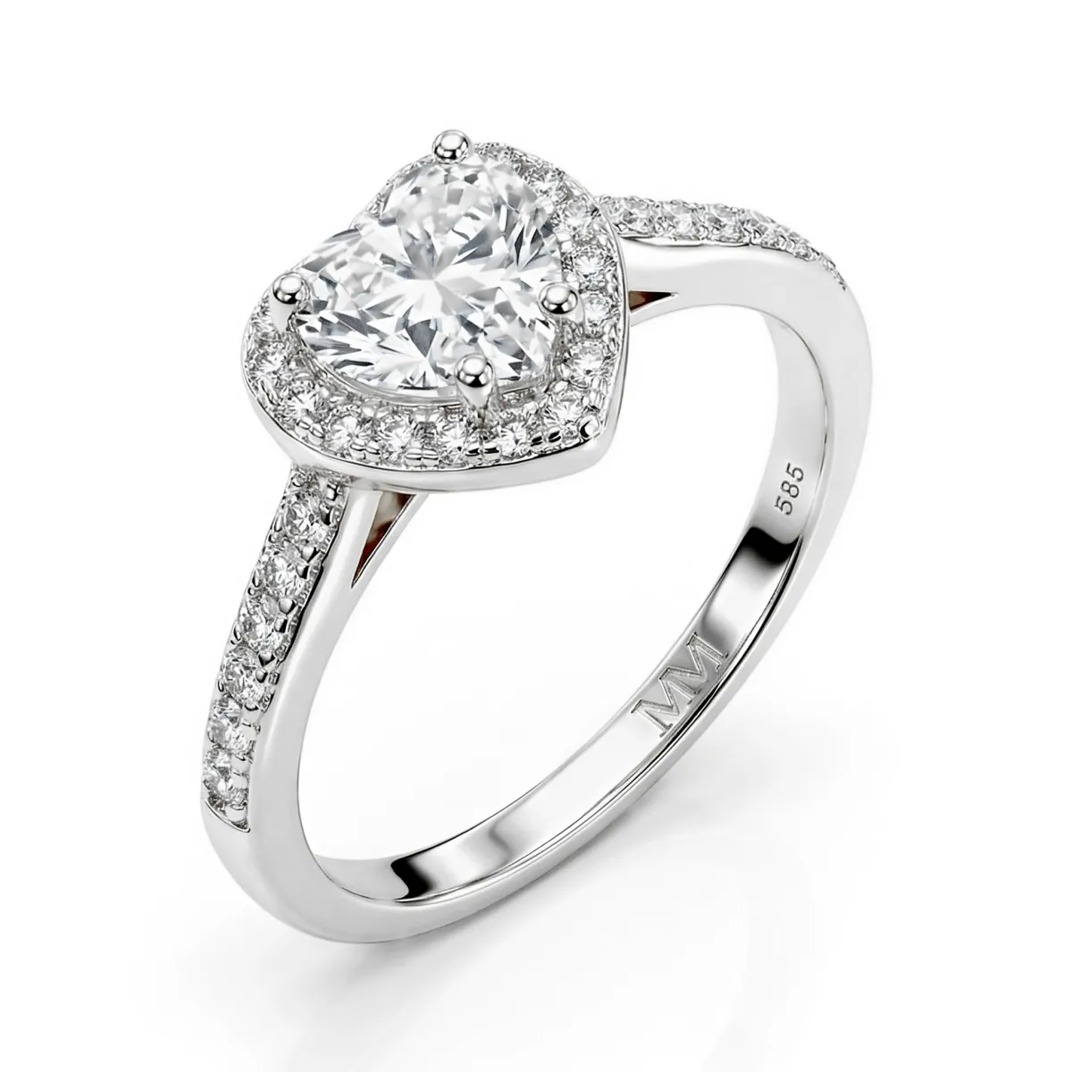Amoria - Heart Cut Moissanite Engagement Ring with Halo and Pavé Set Side Stones