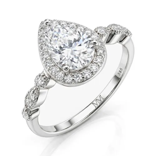 Elanore - Halo Pear Cut Moissanite Engagement Ring with Twisting Pave Band
