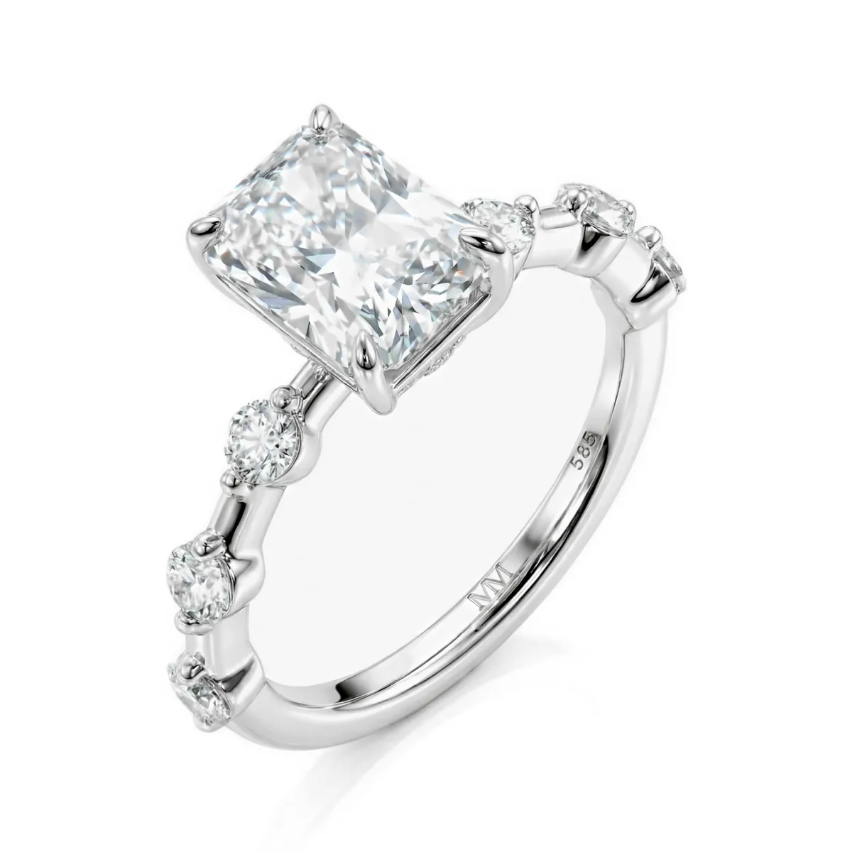 Isla - Radiant Cut Moissanite Ring with Side Stones