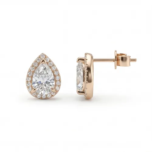Halo Pears - Pear Moissanite Stud Earrings in Halo Setting