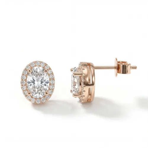 Ellipse - Oval Moissanite Stud Earrings in Halo Setting