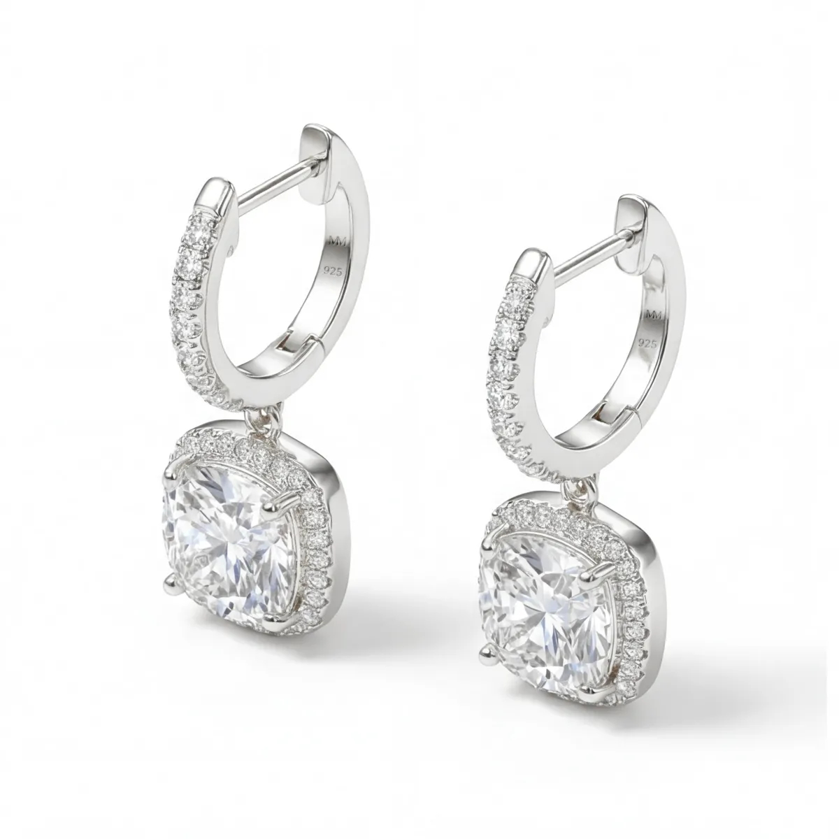 Cushion Drops - Halo & Huggie Moissanite Drop Earrings
