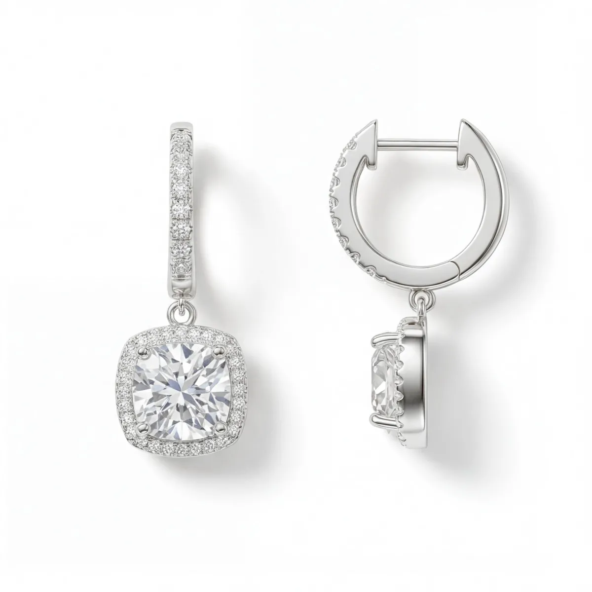 Cushion Drops - Halo & Huggie Moissanite Drop Earrings