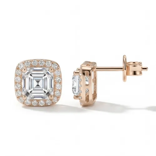 Tetrona - Asscher Moissanite Stud Earrings in Halo Setting