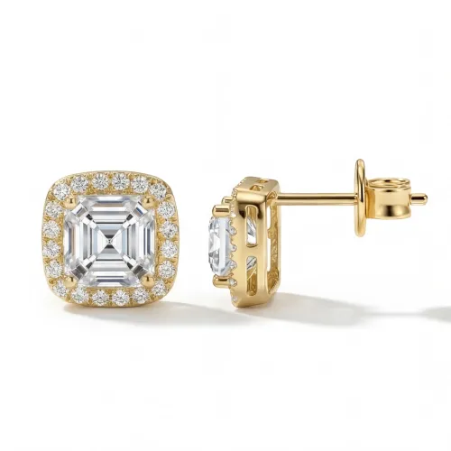Tetrona - Asscher Moissanite Stud Earrings in Halo Setting