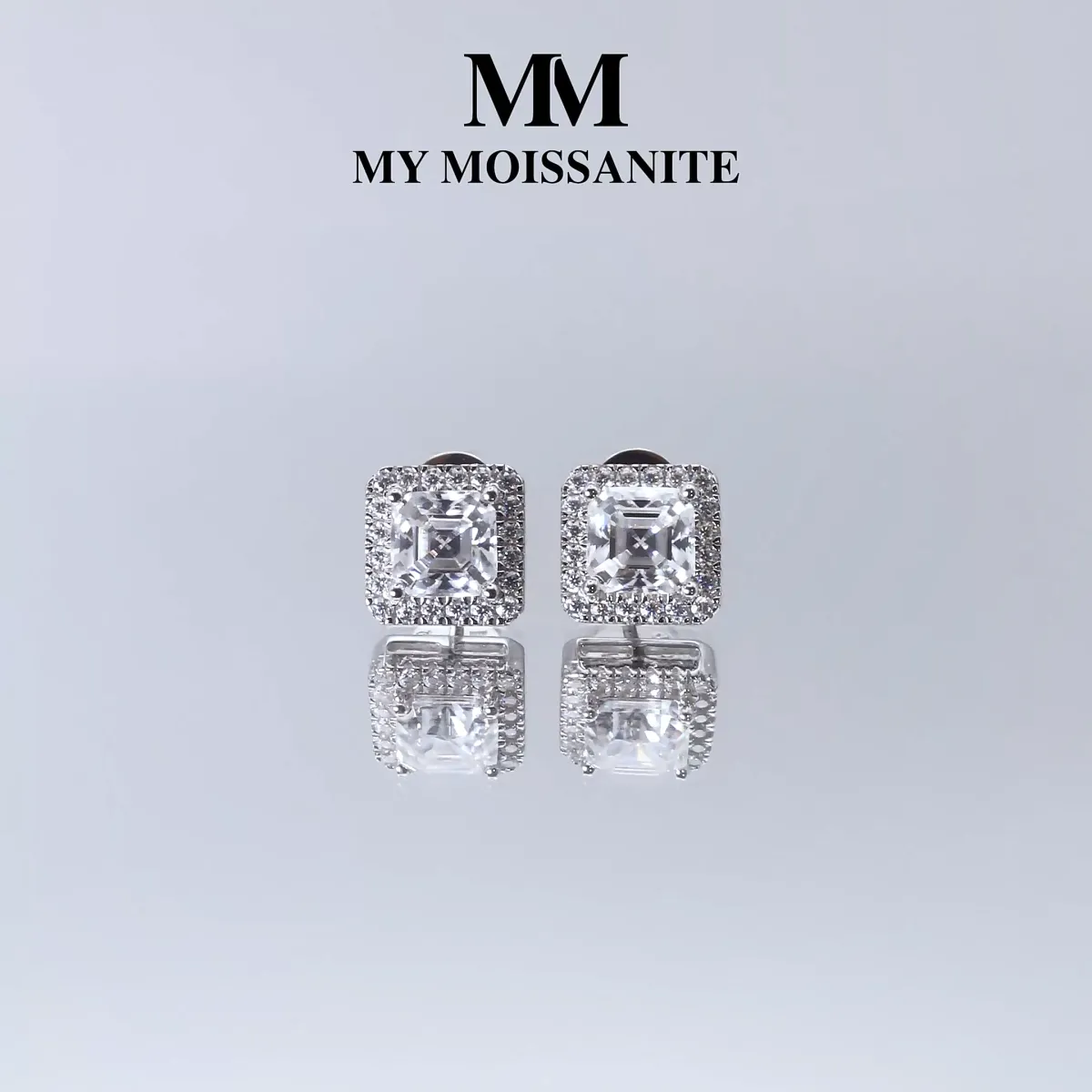 Tetrona - Asscher Moissanite Stud Earrings in Halo Setting