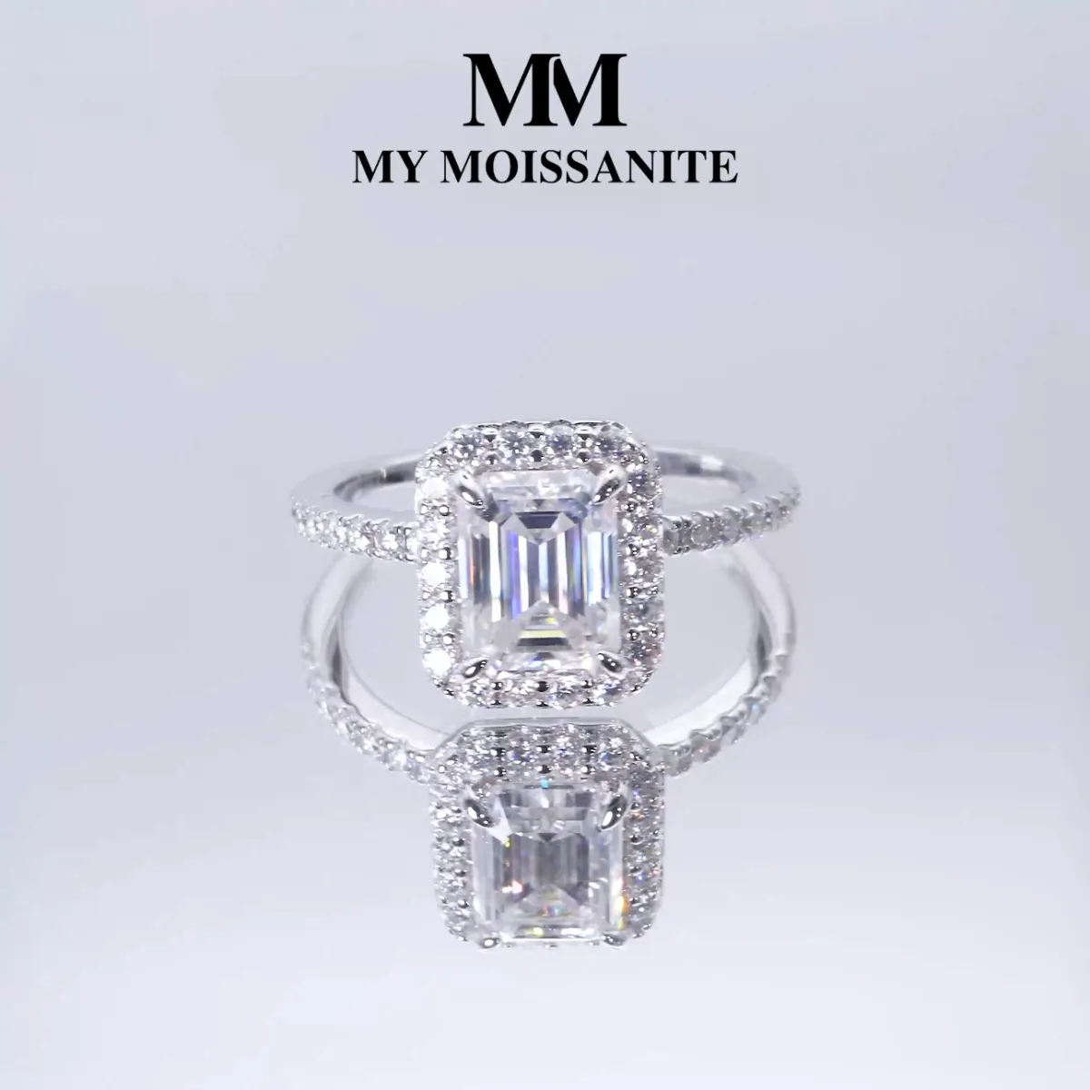 Esmeralda – Emerald Cut Moissanite Ring in Halo Setting