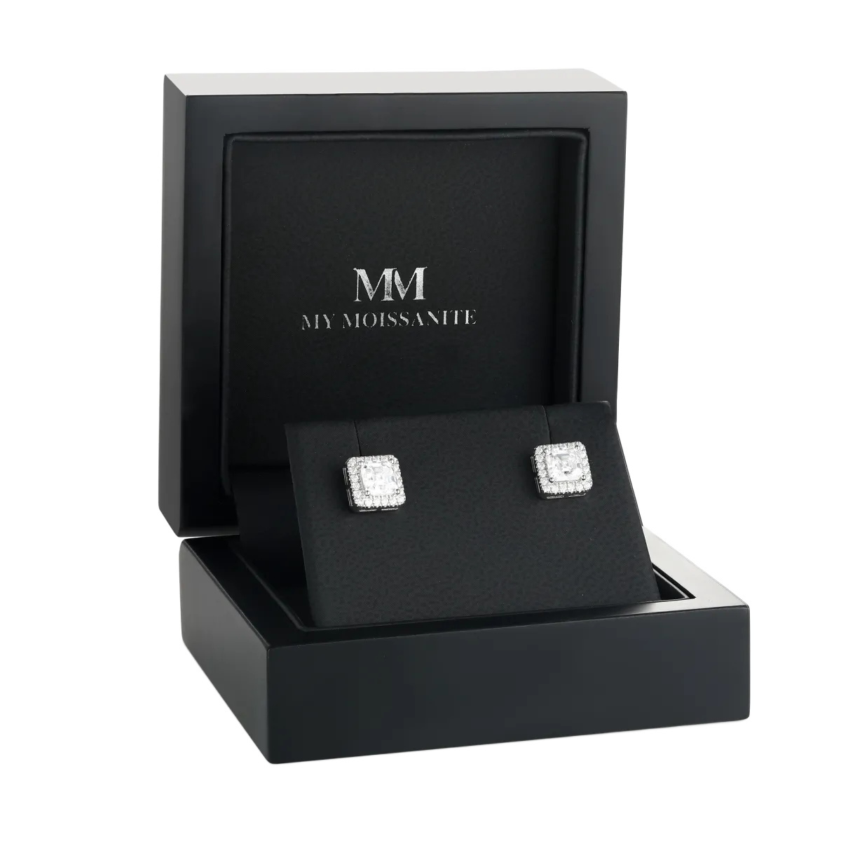 Tetrona - Asscher Moissanite Stud Earrings in Halo Setting