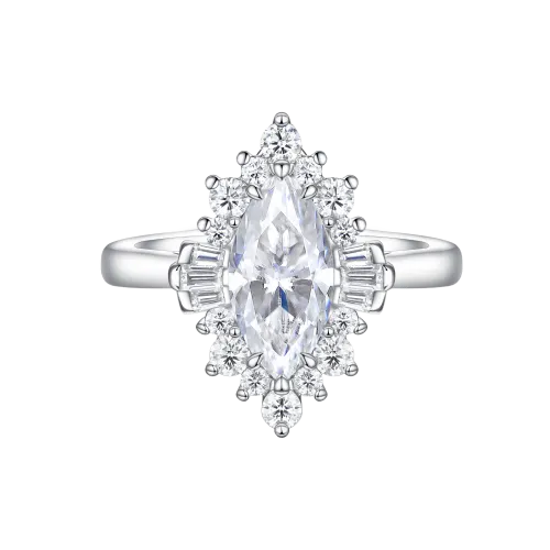 Crownique - Marquise Cut Moissanite Engagement Ring with Halo and Baguette Accents