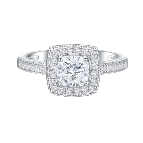 Sanctum - Cushion Cut Moissanite Engagement Ring with Vintage Halo and Pavé Band