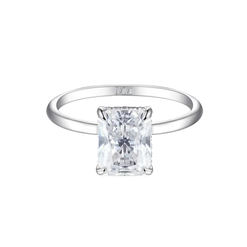 Mirabelle - Pierścionek Solitaire z Moissanitu o Szlifie Radiant z Oprawą Koszykową i Hidden Halo