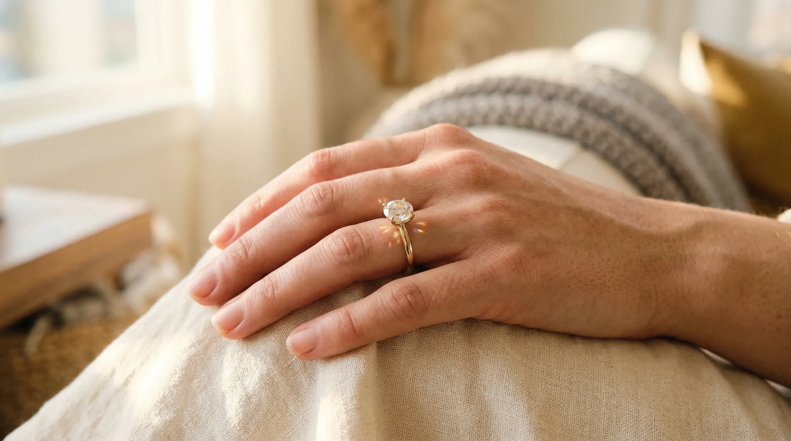 Moissanite engagement ring displaying brilliant light dispersion and fire