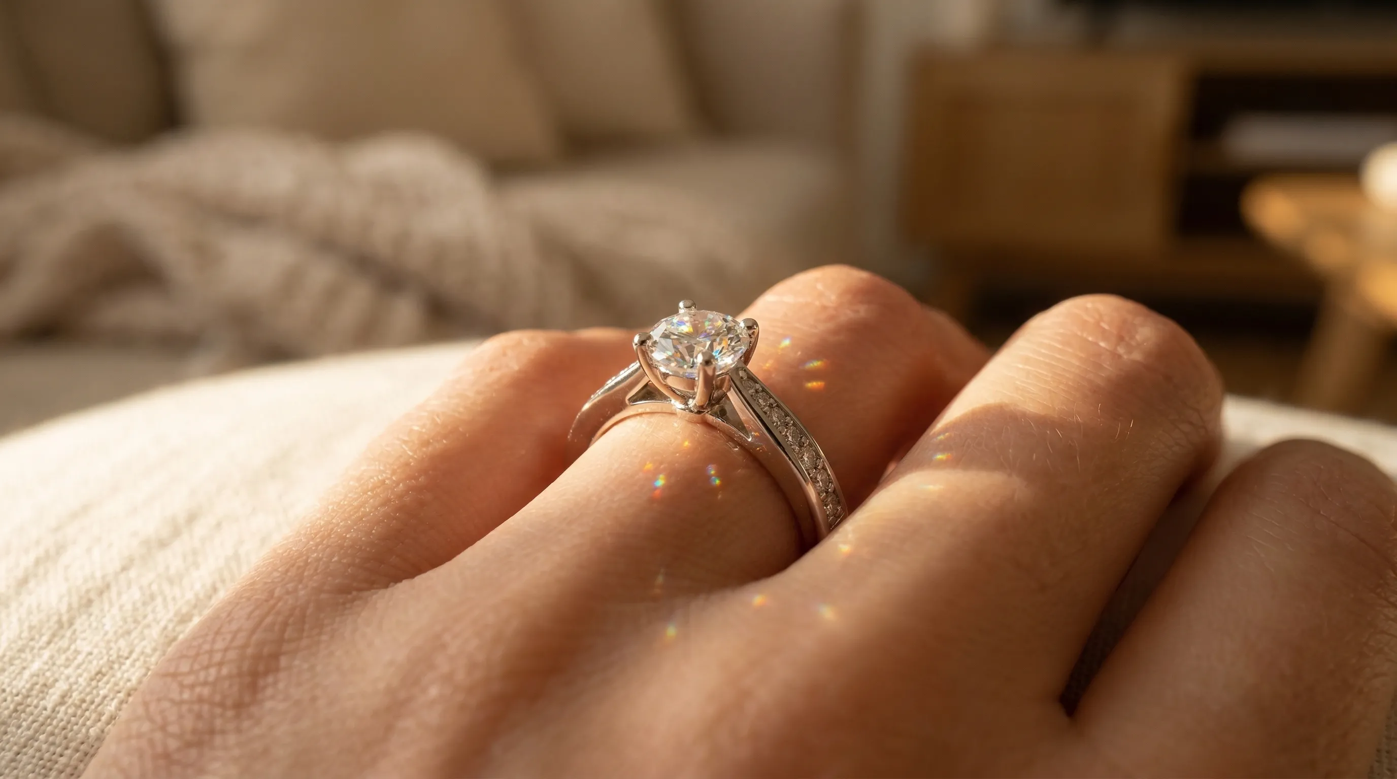 Sophia moissanite ring showing brilliance and colorful fire in natural sunlight
